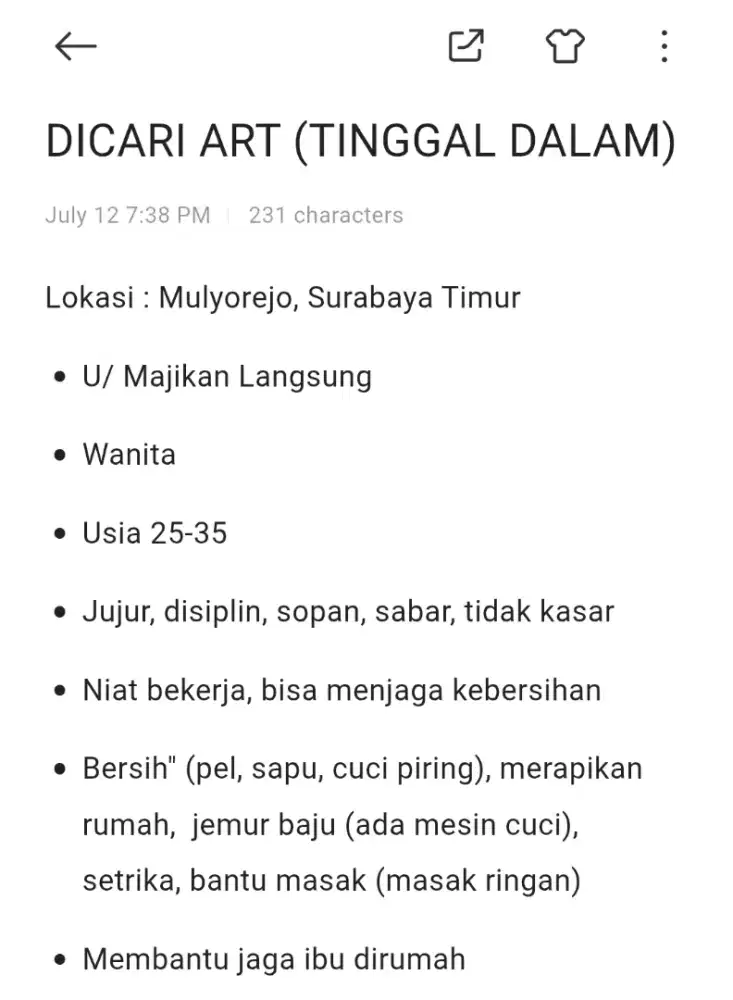 LOWONGAN KERJA ART (TINGGAL DALAM) SURABAYA TIMUR