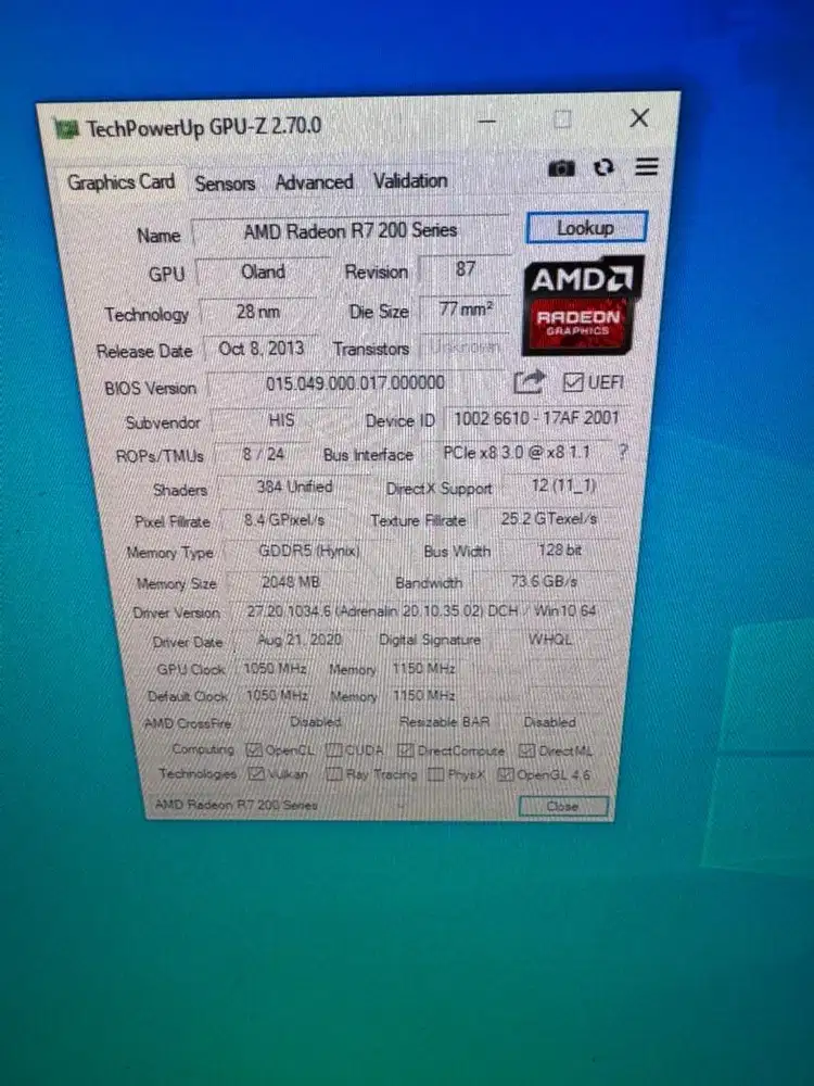 vga his R7 250 2gb ddr5 128 bit kondisi normal.