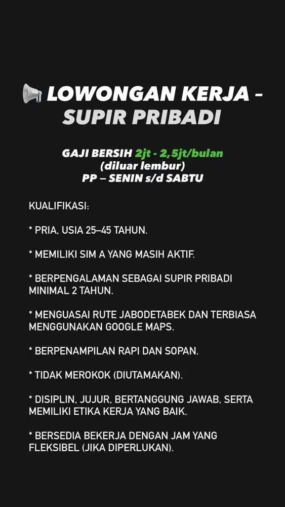LOWONGAN PEKERJAAN - SUPIR PRIBADI