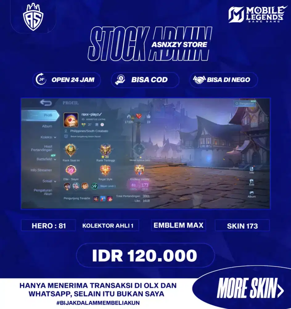 JUAL AKUN MOBILE LEGENDS KOLEKTOR AHLI 1 & SKIN 171