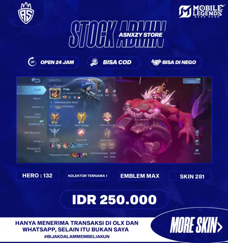 JUAL AKUN MOBILE LEGENDS KOLEKTOR TERNAMA 1 & SKIN 281