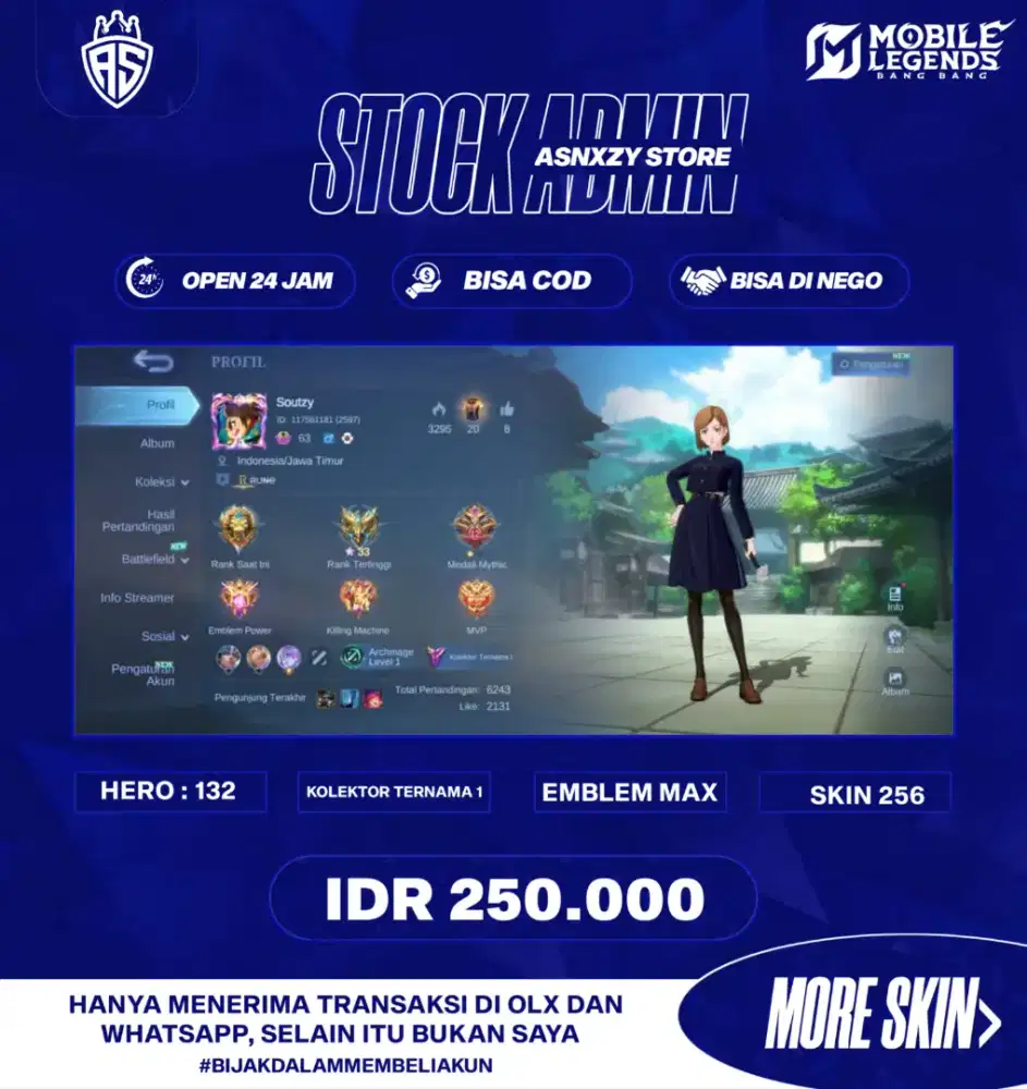 JUAL AKUN MOBILE LEGENDS KOLEKTOR TERNAMA 1 & SKIN 256
