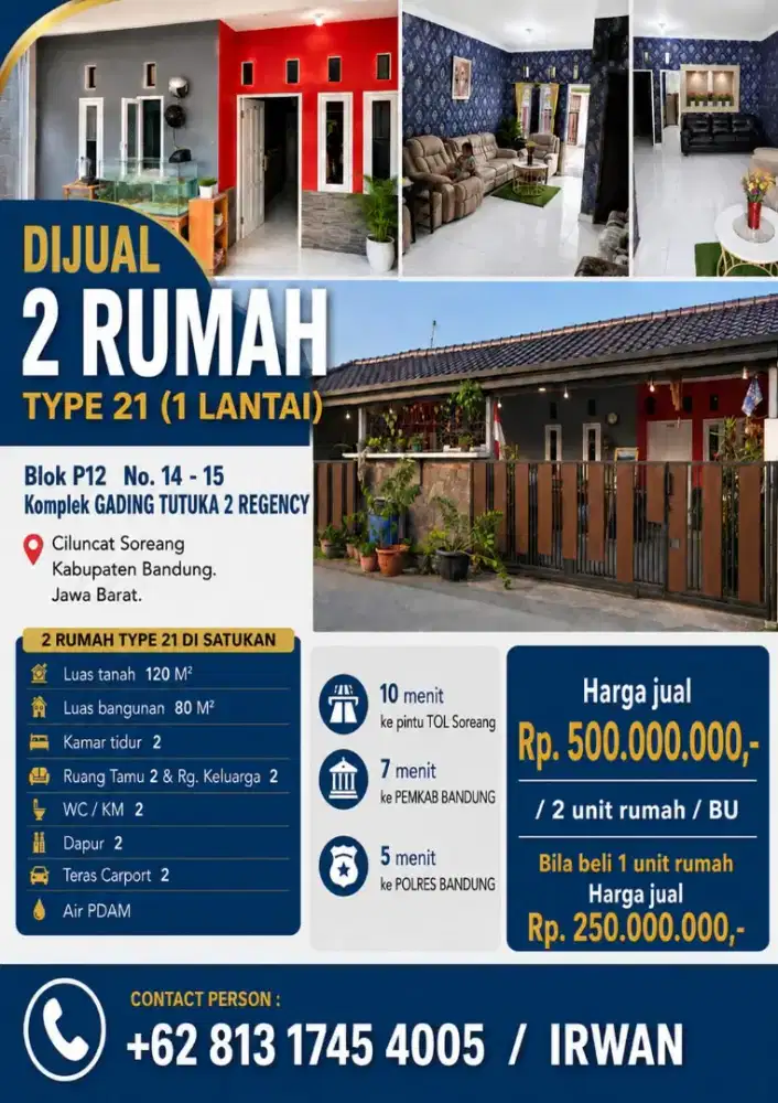 Dijual 2 Rumah (1 lantai) Komplek Gading Tutuka 2 Blok P12 No 13-14