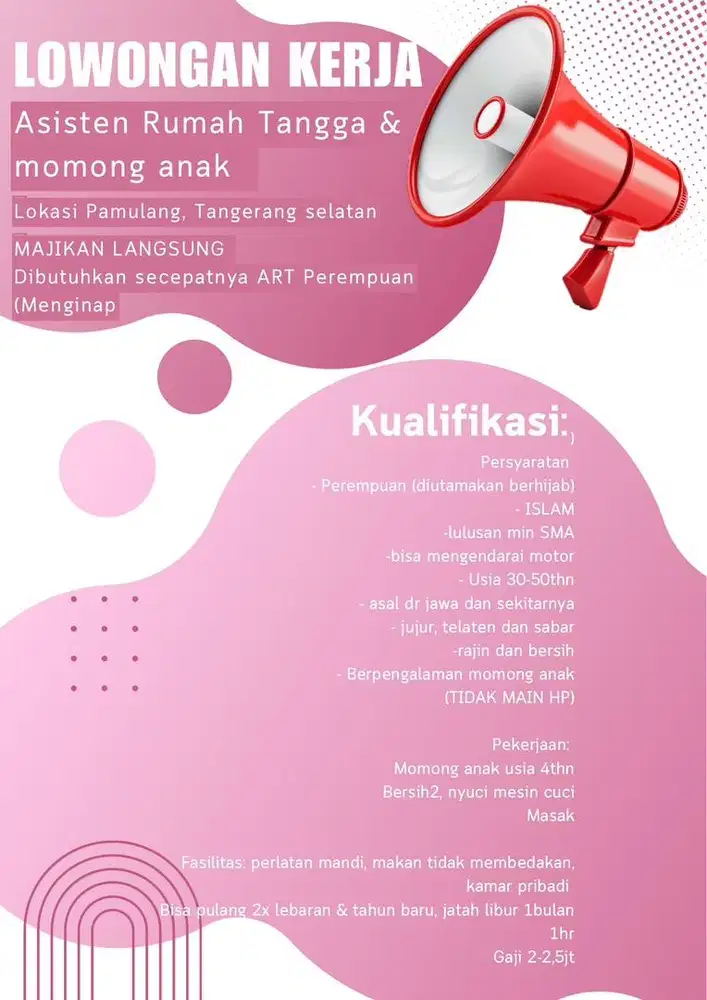 Loker ART dan momong anak di pamulang, tangsel
