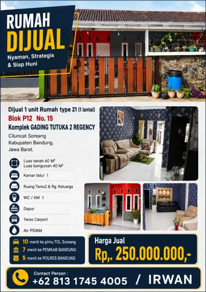 Dijual Rumah type 21 (1lantai)
Blok P.12 No.15 GADING TUTUKA 2 REGENCY