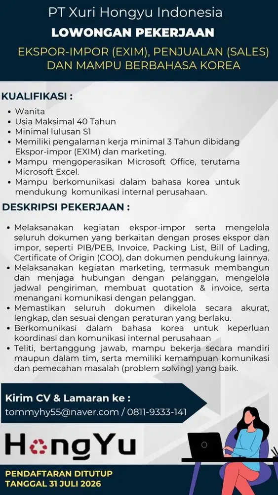 Ekspor-impor (EXIM), Penjualan (sales) dan Mampu Berbahasa Korea
