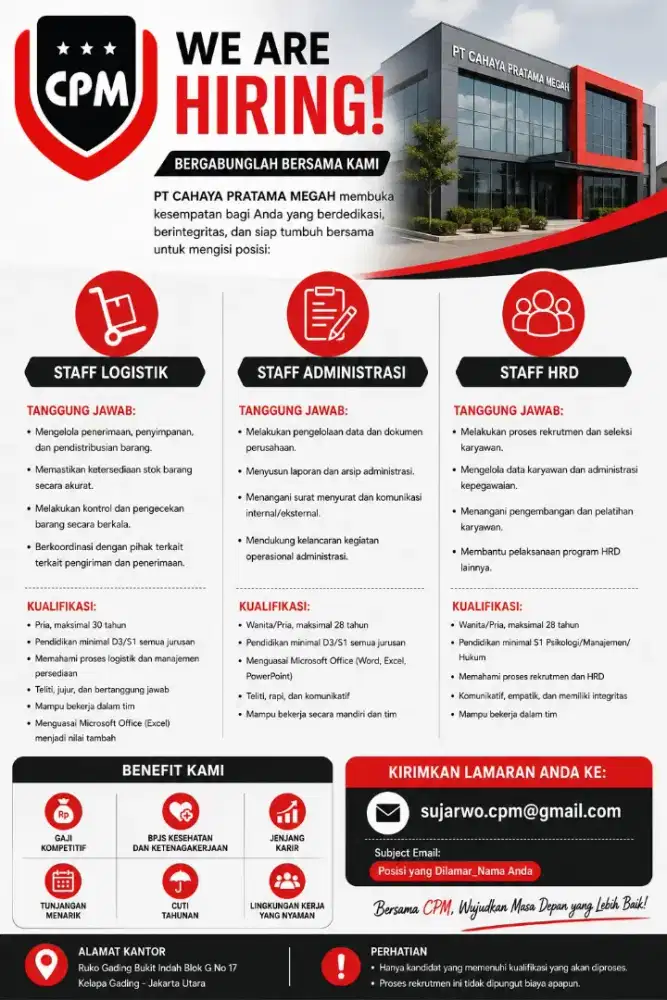 Lowongan Pekerjaan Staff Logistik, Staff Administrasi dan Staff HRD