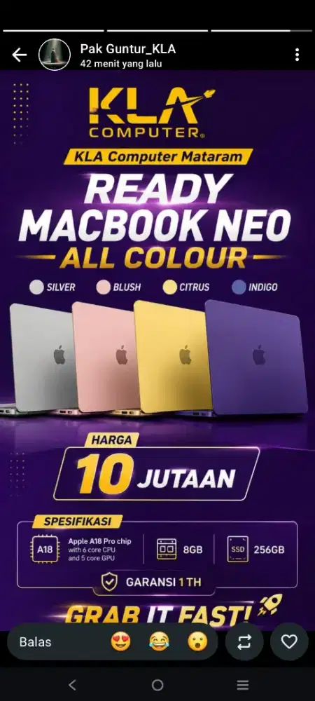 Ready Macbook Neo ALL Colour Promo Cicilan bunga 0% & Free 2x cicilan