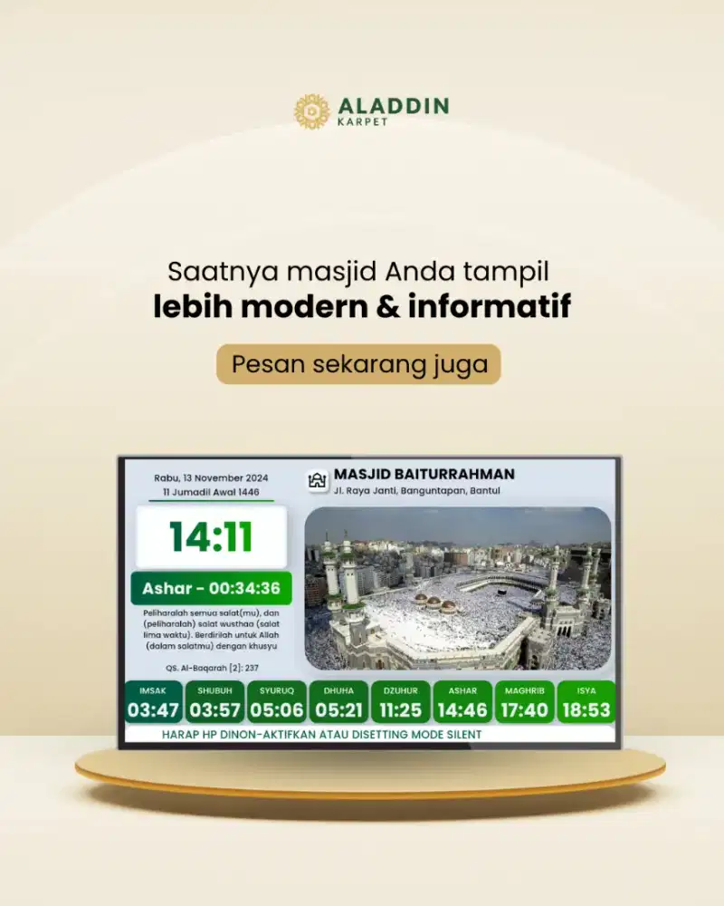 TV masjid jam digital karpet masjid madiun dan magetan Aladdin karpet