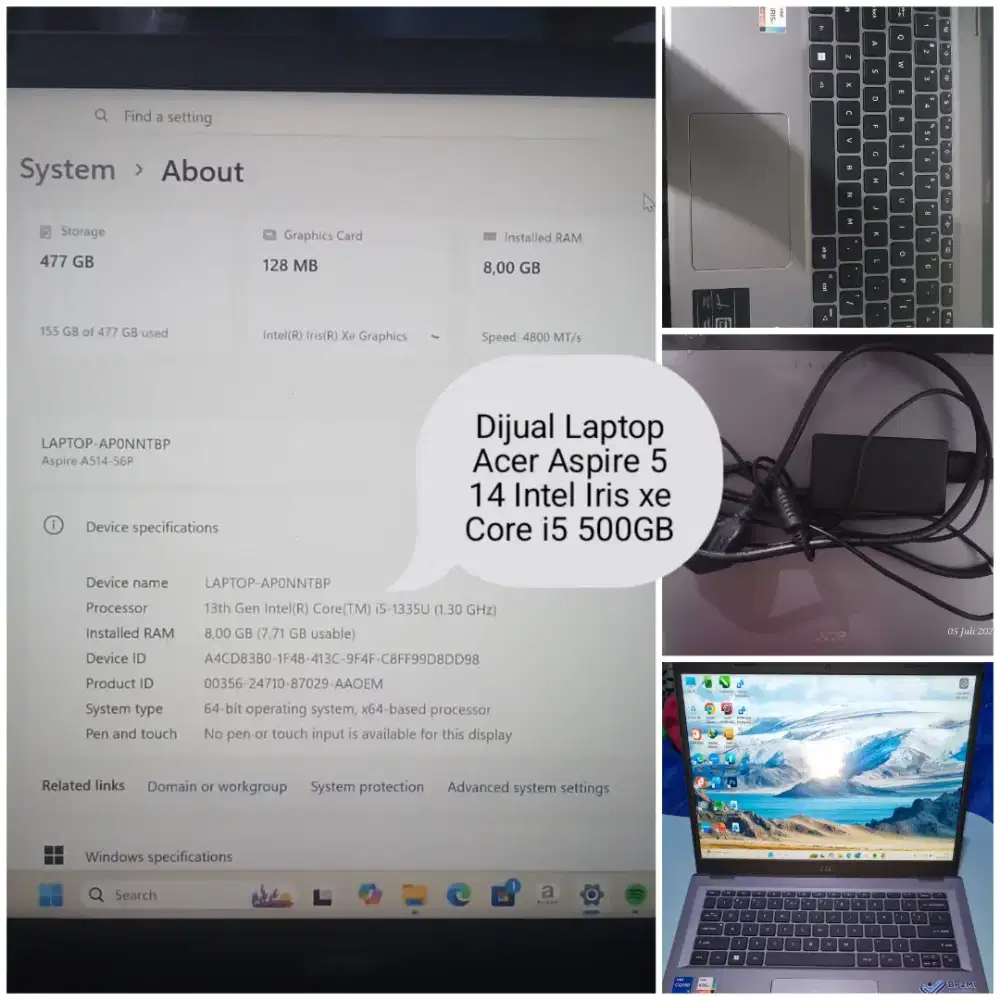 Dijual Laptop Acer Aspire 5 Intel Core i5 500 GB Intel Irishxe