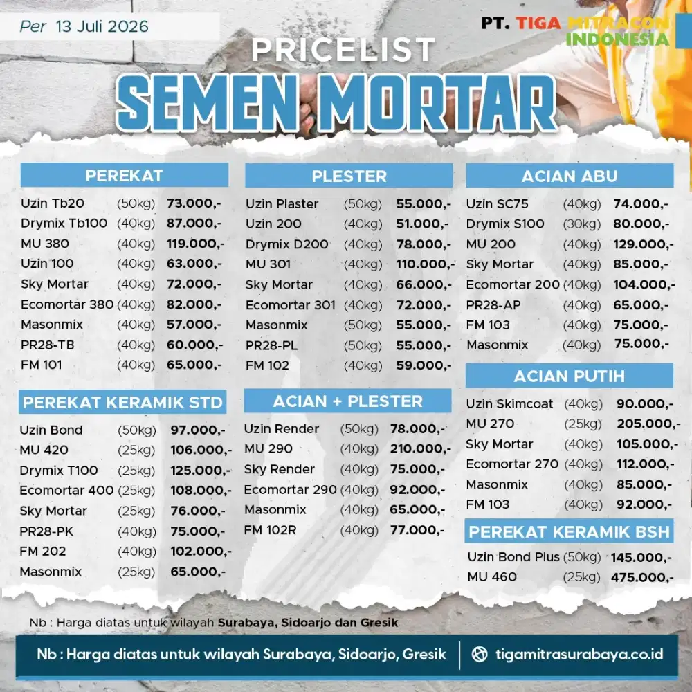 Harga Perekat Bata Ringan (semen mortar) Terbaru