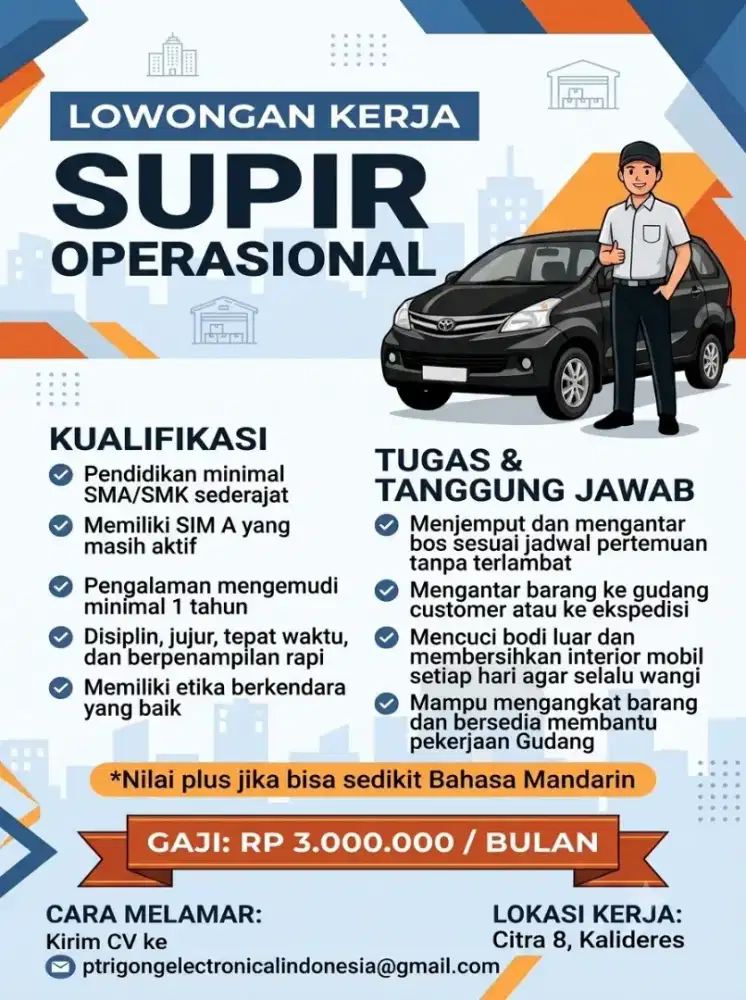 Dibutuhkan Supir Operasional/Company Driver