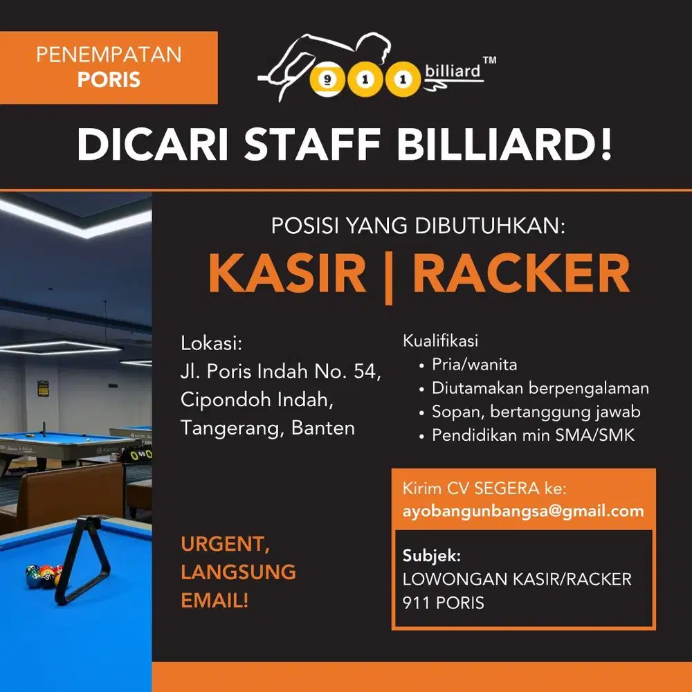 Open Loker Kasir/Racker 911 Billiard Poris