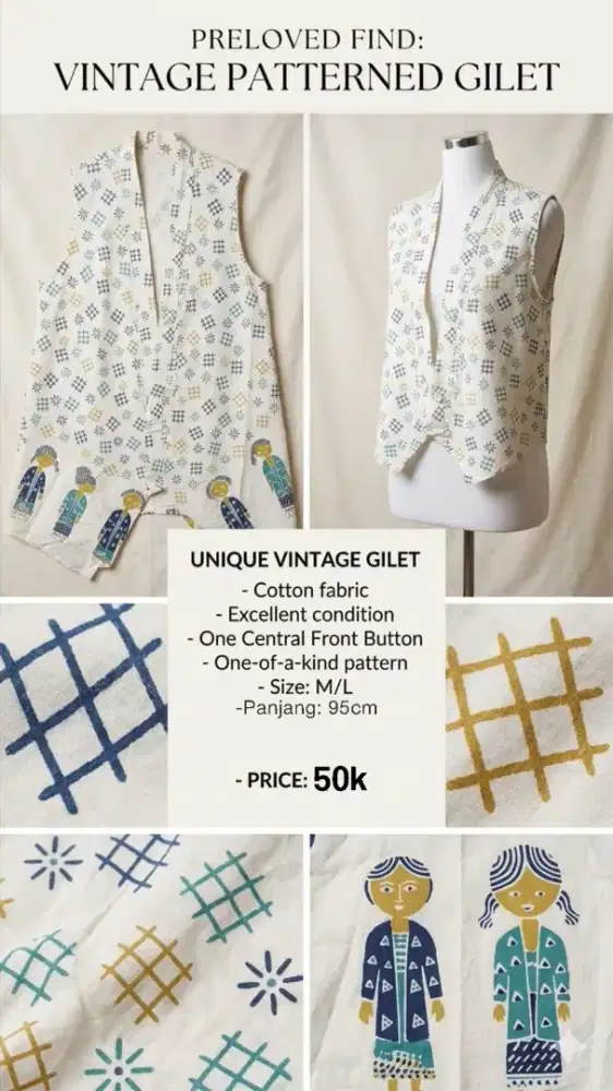 Preloved Rompi Vintage Gilet Motif Unik (Bahan Katun)