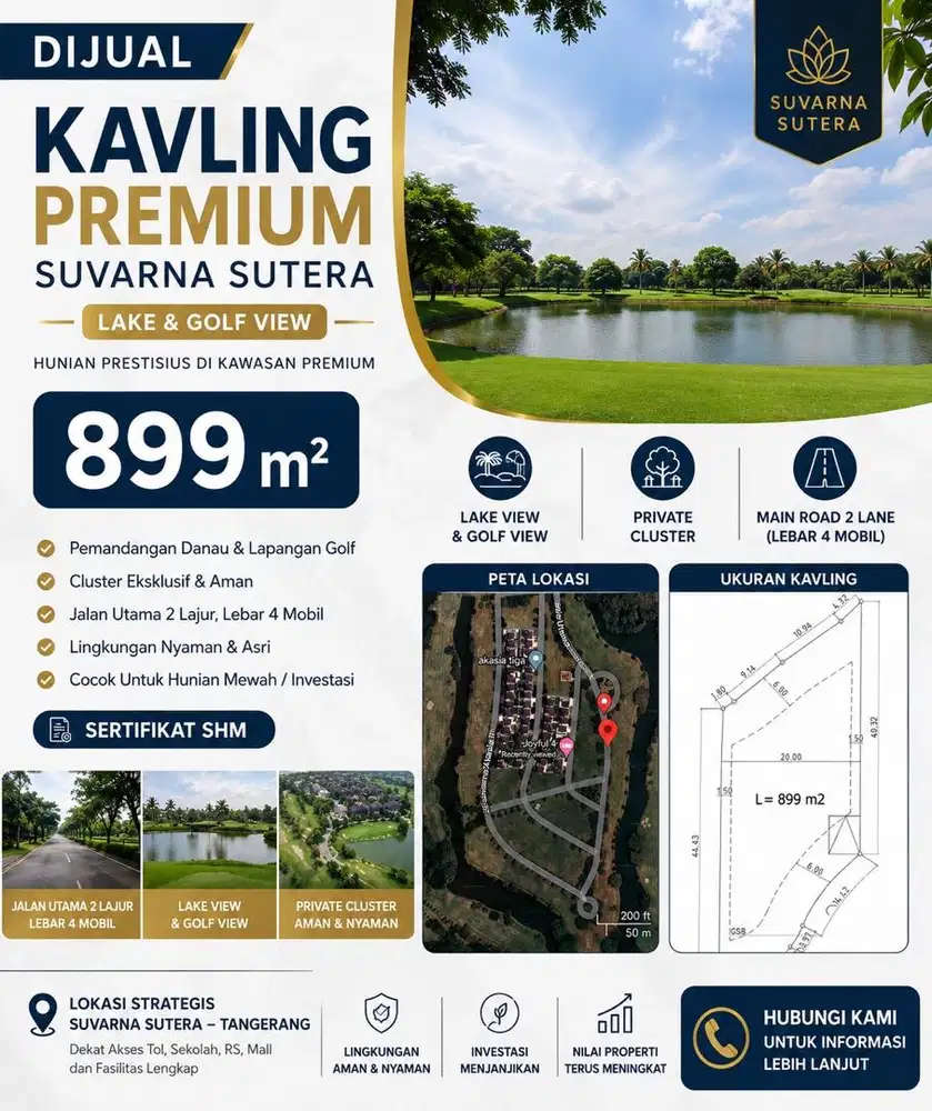 Kavling Premium Suvarna Padi Akasia Utama 899 m² SHM Golf Lake