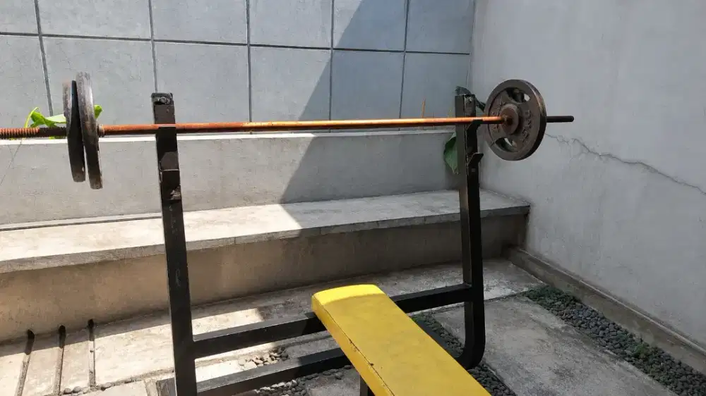 Bench Press Set + Barbell + Weight Plate + Hammer Curl Bar