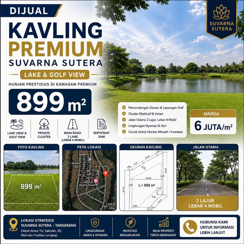 Kavling Premium Suvarna Sutera Padi Akasia Utama 899 m² SHM Golf Lake