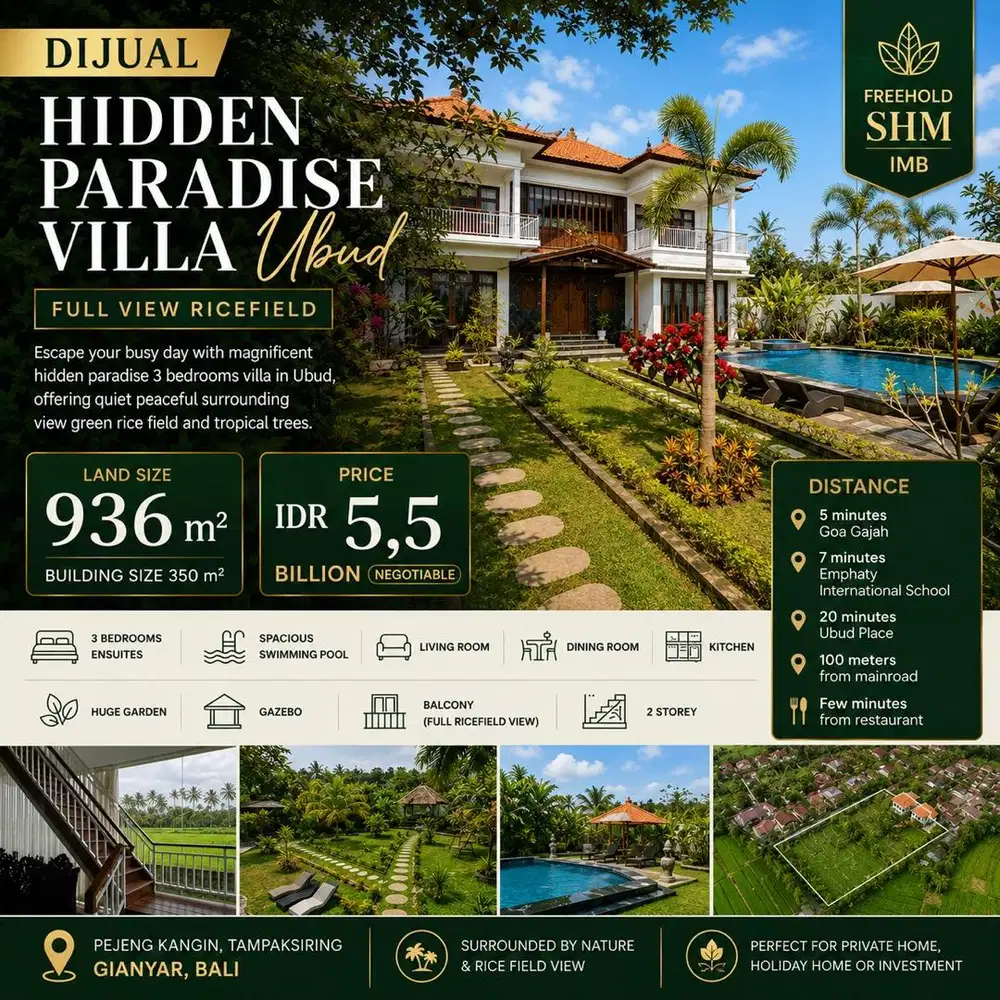 Freehold Villa near Ubud | 936 m² | Peaceful Rice Field View