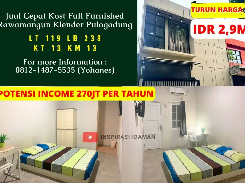 Jual Cepat Kost luas 119mtr 13KT Full Furnish Rawamangun Klender Pulogadung