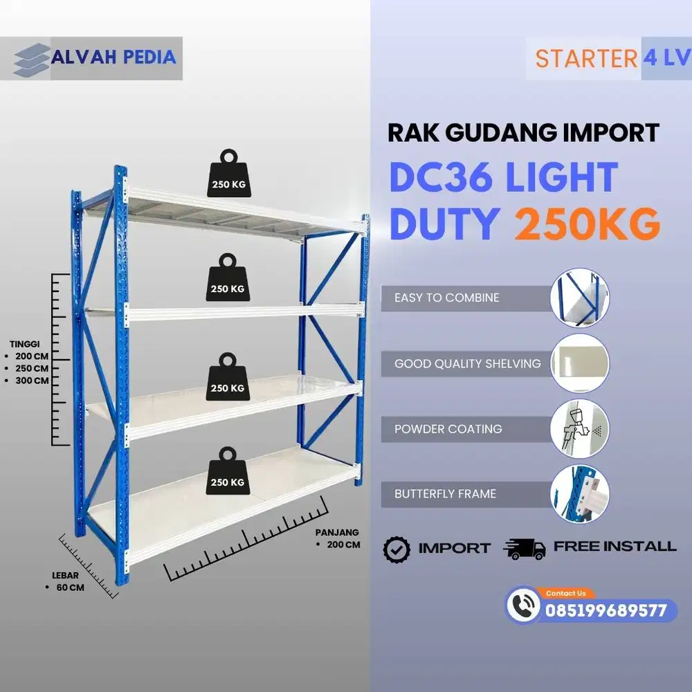 RAK BESI GUDANG 4 LEVEL DC36 LIGHT DUTY IMPORT KAP 250kg persusun PREM