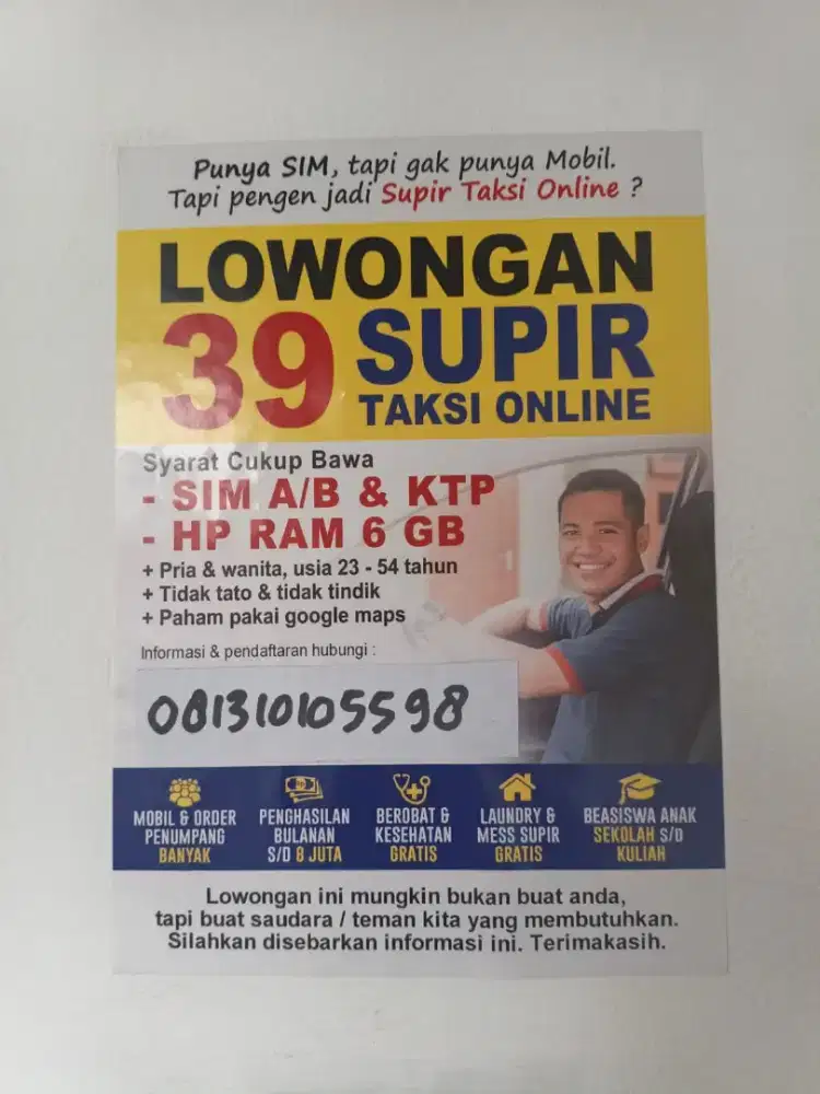 LOWONGAN SUPIR MOBIL GRATIS