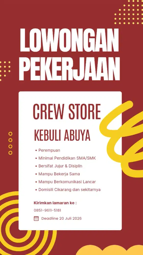 di butuhkan Crew Outlet Kebuli Abuya