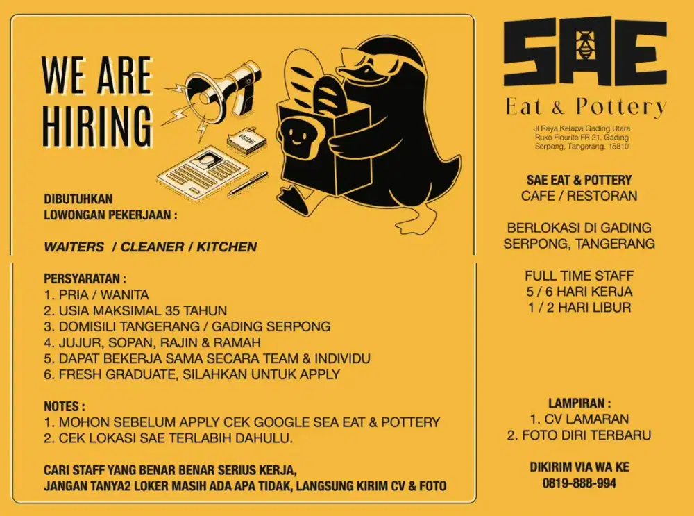 Dicari Waiters / Cleaners / Kitchen cafe di gading serpong
