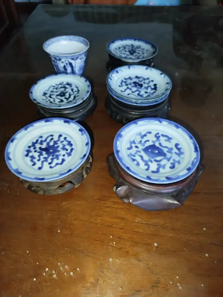 Set 6 Pcs Piring Tatakan Cawan Antik Kitchen Qing Biru Putih Abad 19