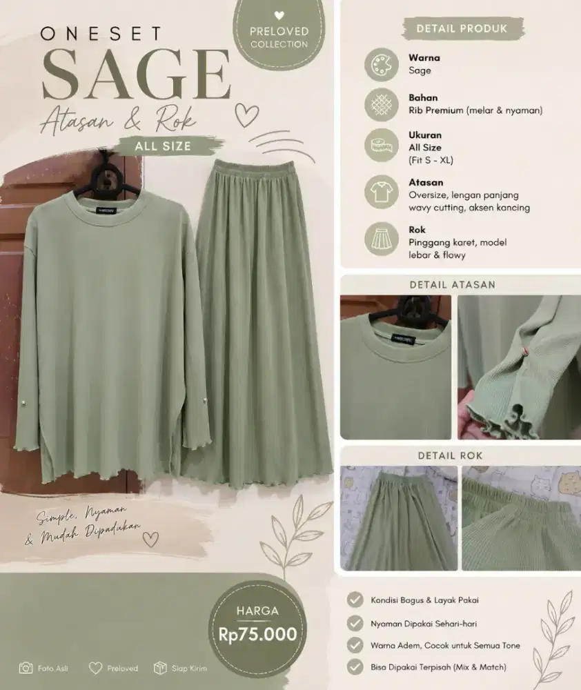 One Set Sage by MELDEV | Atasan Rib + Rok Panjang