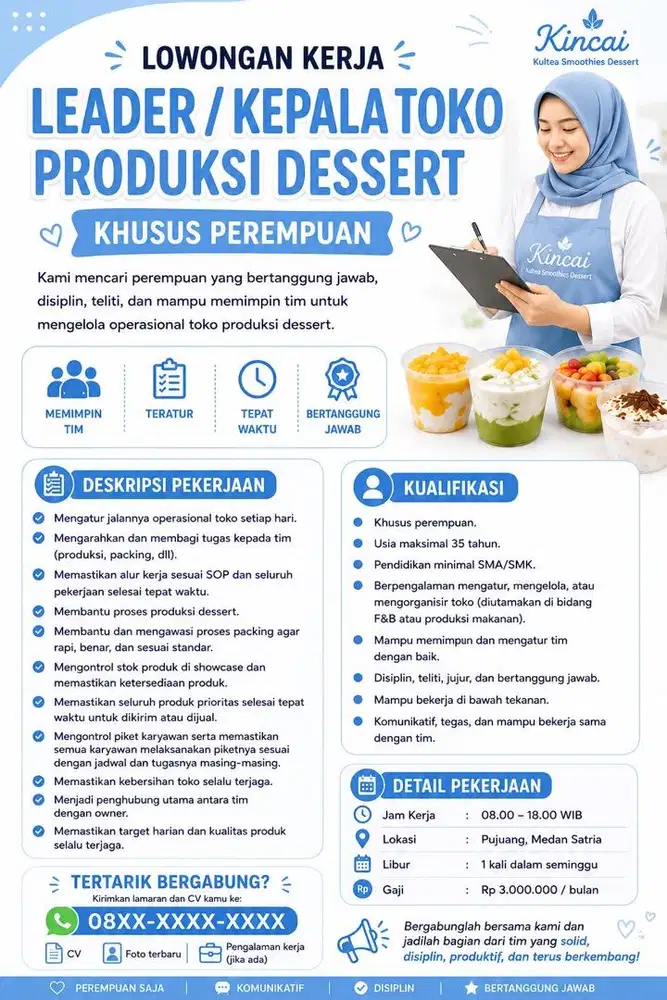 Lowongan kerja leader/kepala toko khusus perempuan