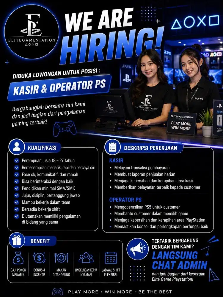 Di cari Kasir & Operator untuk elite playstation