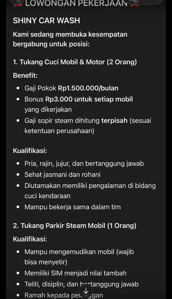 Cari karyawan steam mobil