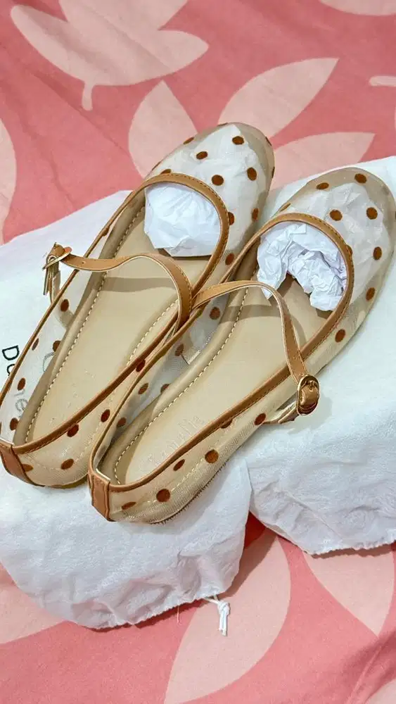 Damelia Flat Shoes Slingback Polkadot Caramel Size 38