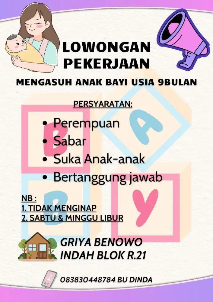 Dibutuhkan segera Momong Bayi usia 9 Bulan
