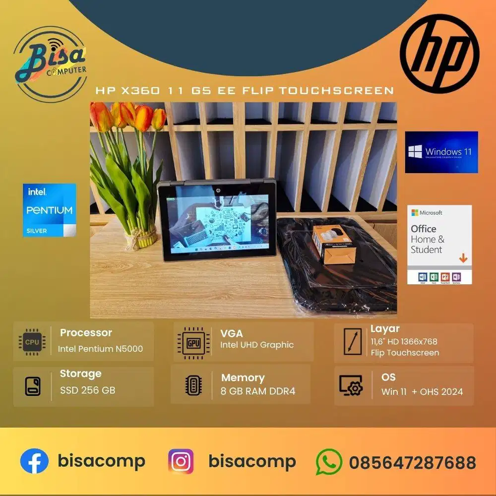 HP x360 11 G5 EE Intel N5000 SSD 256gb Ram 8gb 11,6inchHD Flip Touch