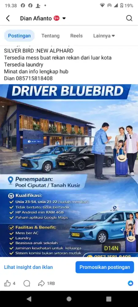Lowongan driver Bluebird pool Ciputat tanah kusir