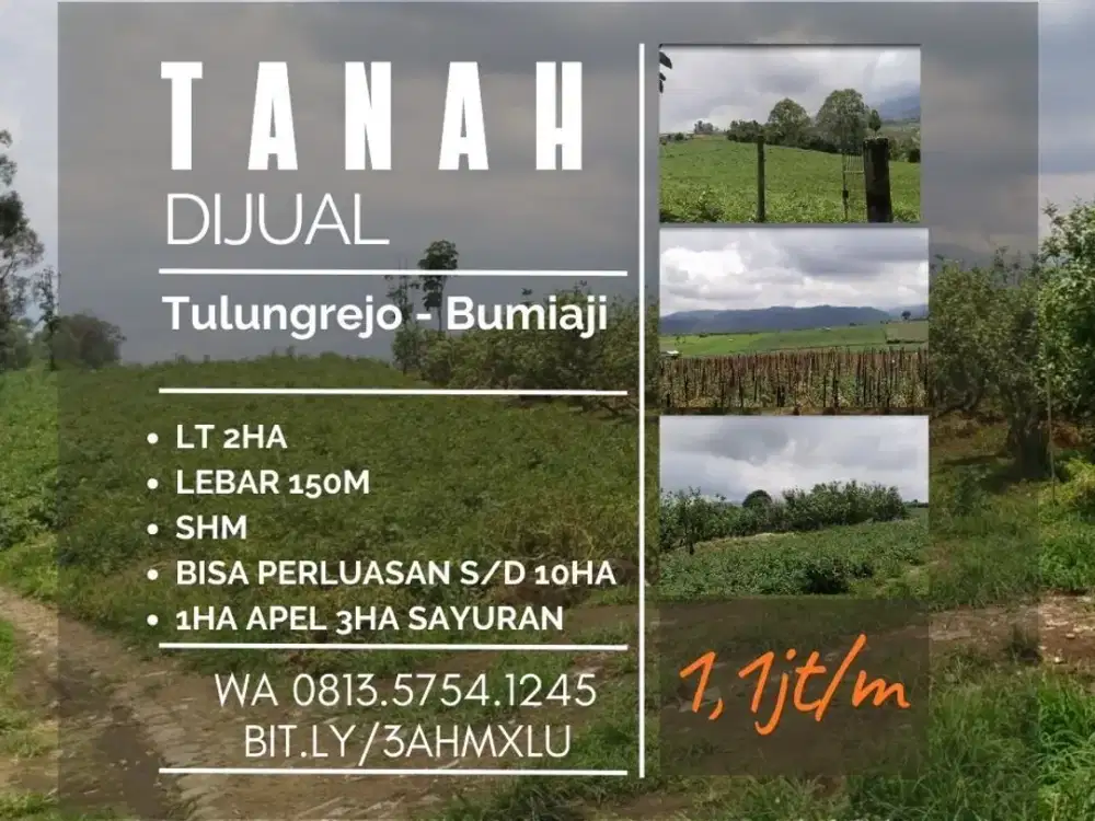 Tanah kebun tulungrejo bumiaji Leb150m Lt2ha 1,1jt/m