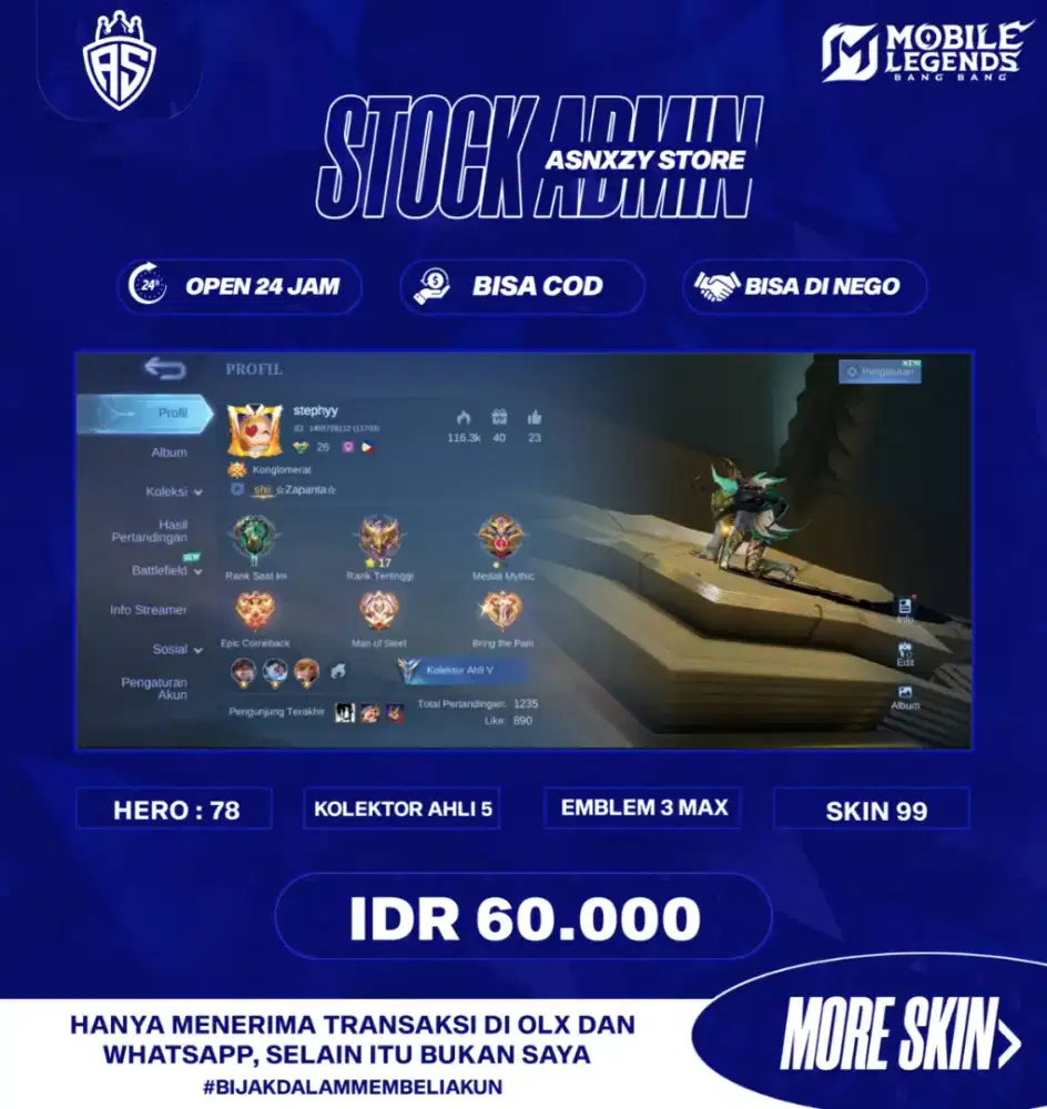 JUAL AKUN MOBILE LEGENDS KOLEKTOR AHLI 5 & SKIN 99