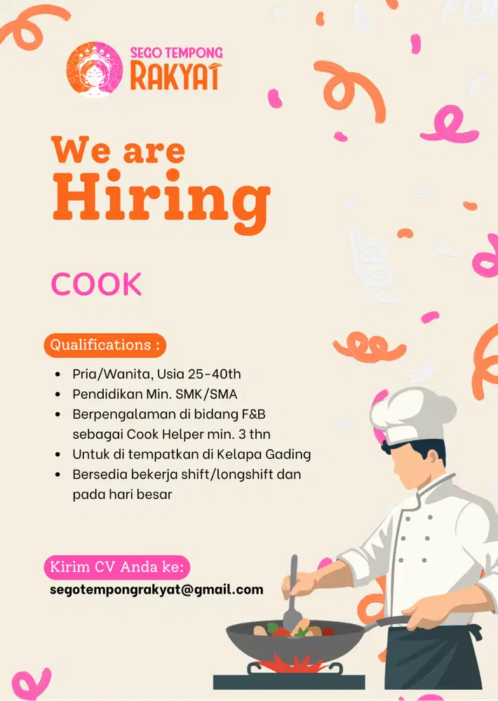 Lowongan Cook , Cook Helper dan Steward Resto di Kelapa Gading