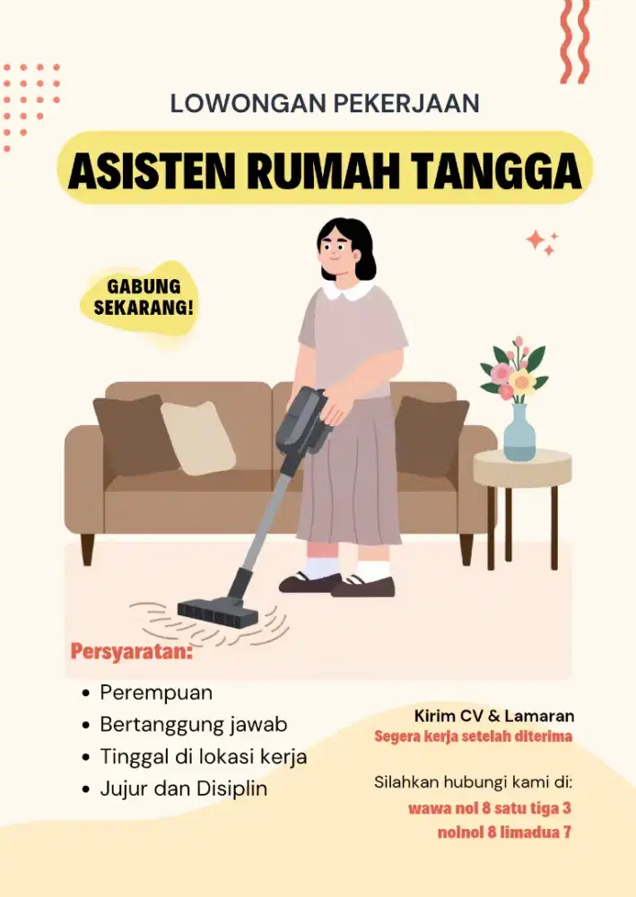Dicari asisten rumah tangga perempuan
