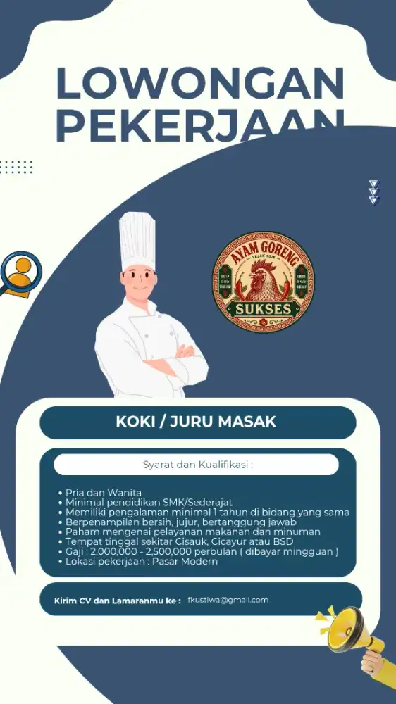Lowongan koki / juru masak kios ayam goreng