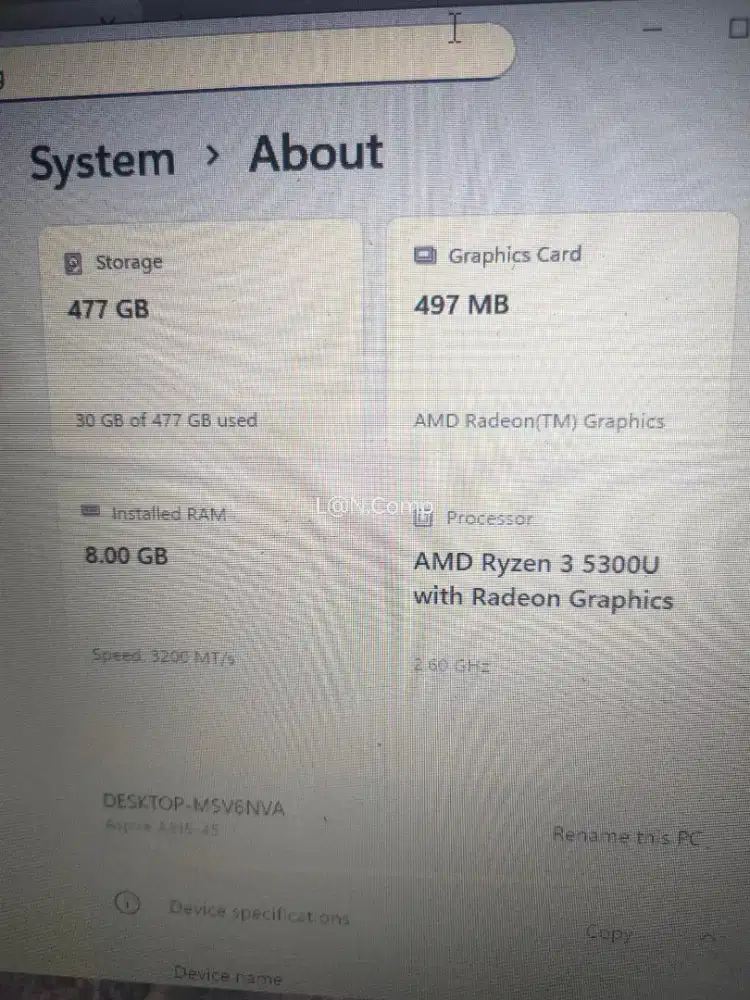 Acer Aspire 5 Ryzen 3-5300U ram 8/512 nvme SSD normal