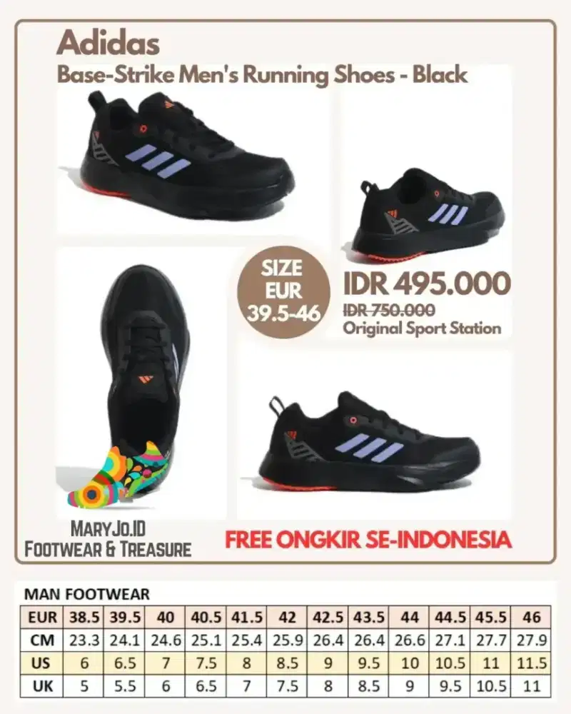 Adidas Base-Strike Men's Running Shoes - Black : Size 39.5-46