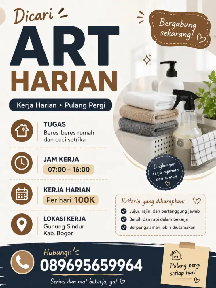 ART beres beres rumah cuci gosok PP pulang pergi harian