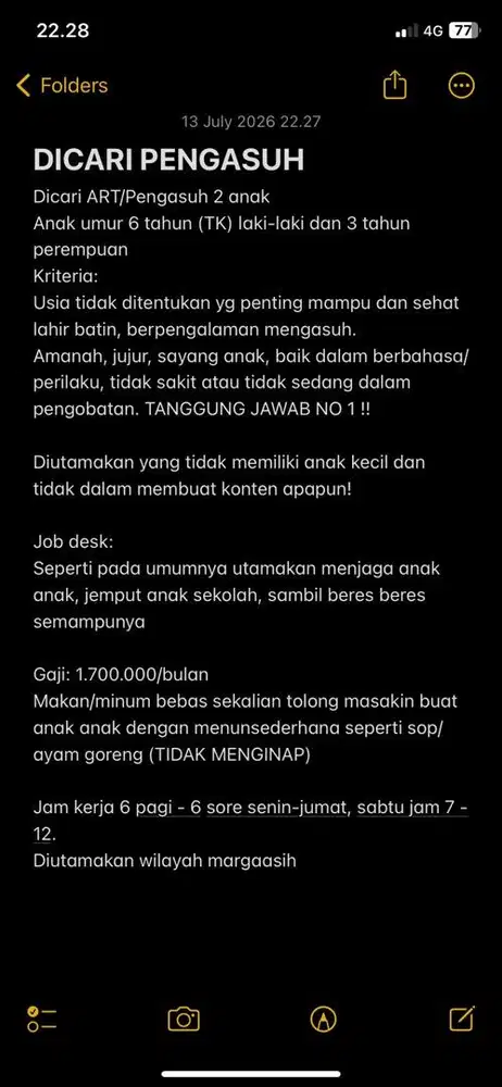 PENGASUH 2 anak / Asisten Rumah Tangga