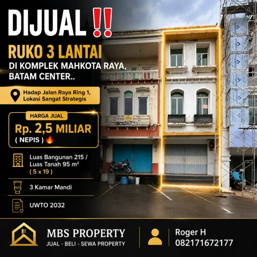 Dijual
Ruko 3Lantai di Komplek Mahkota Raya, Batam Center