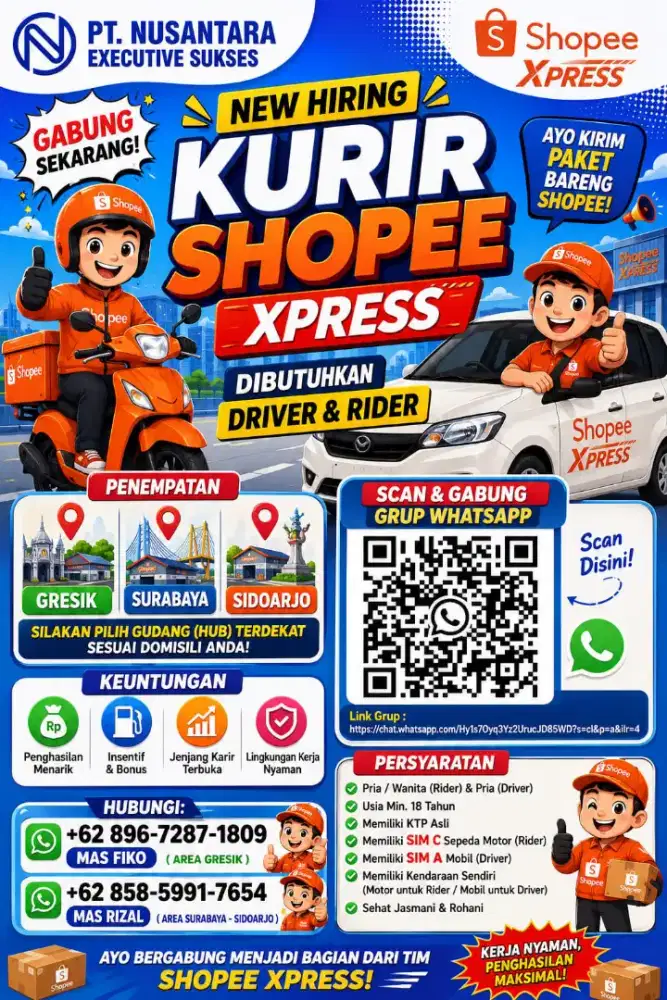 DIBUTUHKAN KURIR SEPEDA MOTOR (RIDER ) AREA SURABAYA, GRESIK, SIDOARJO