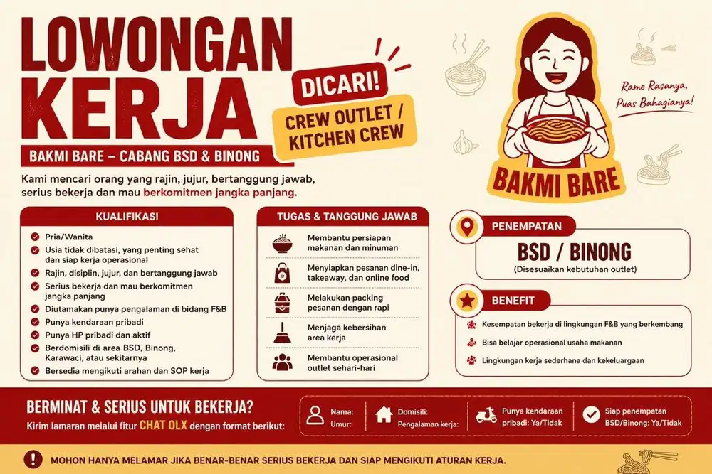 Dicari Kitchen Crew Bakmi Bare BSD dan Binong Lowongan Kerja Crew F&B