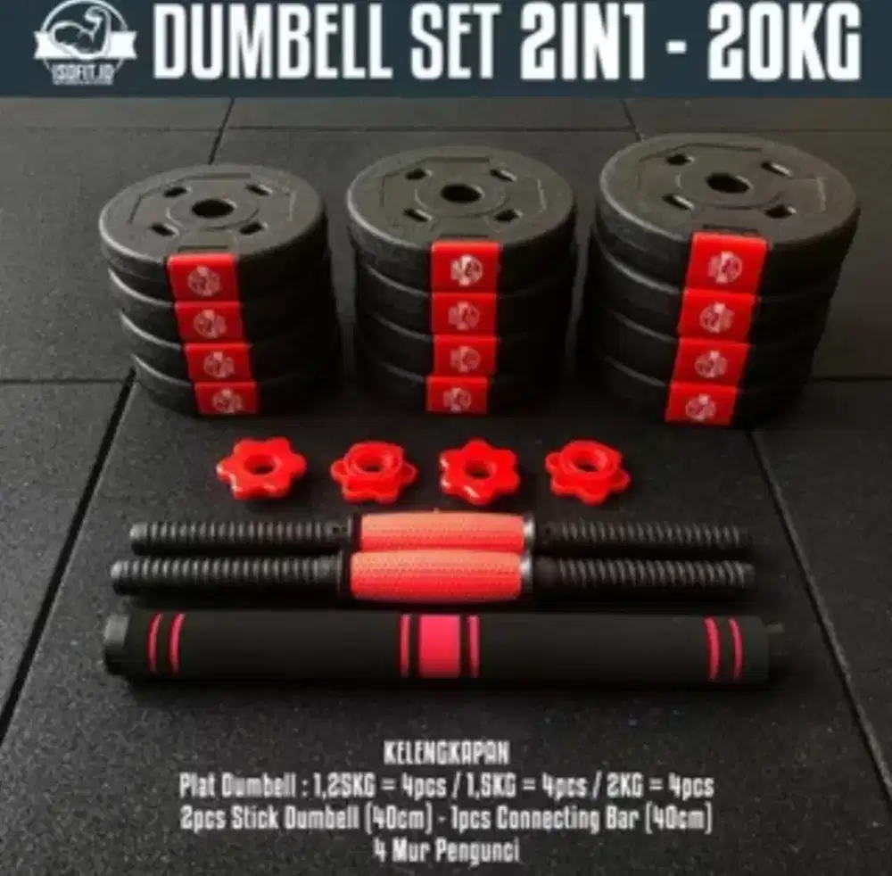 Dumbell set 20kg barbel isi full pasir besi, pasti awet sampe 15thn.