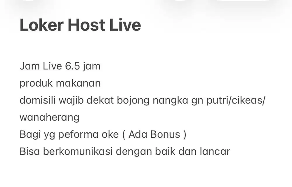 Loker Host Live Makanan (Cewe)